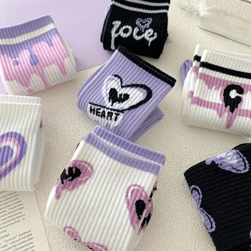 1Pair Women Cotton Socks Purple Heart Print Middle Tube Sock American Hip Hop Socks Street Wear Skateboard Socks Sports Sock