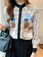 chic women shirt blouse elegant printed vintage office ladies mandarin collar long sleeve female tops wor wear thin draped 2022
