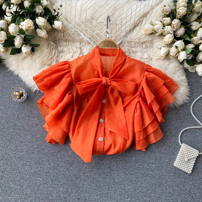 

Summer 2022 New Multi-Layer Ruffled Stitching Short Sleeve Sleeve Female Sweet Scarf Collar Bow Slimming Shirt for Women
