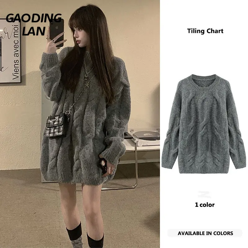 

GAODINGLAN Winter Women Thick Warm Solid Color Sweaters Large Size Lazy Loose Round Neck Pullovers Versatile Long Knit Tops
