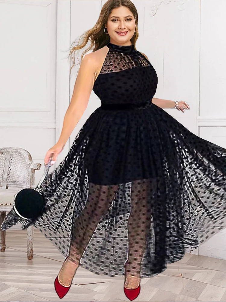 Vestido de malla negro de talla grande para mujer, Sexy, de lunares, transparente, sin mangas, con dobladillo de volantes, ropa de fiesta de cumpleaños de verano