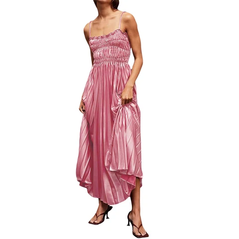 Женское летнее платье-макси на тонких бретельках, однотонное Плиссированное длинное пляжное Повседневное платье с цветочной отделкой