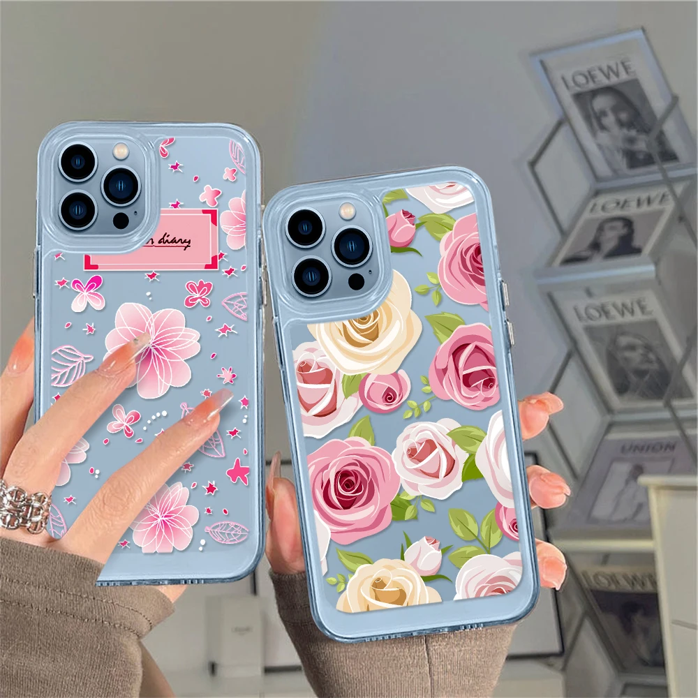 

For iPhone 14promax Pink Flower Phone Case for iPhone 13 12 11 Pro Max Mini XS XR X Protection Shell Back Cover INS Korea Fundas