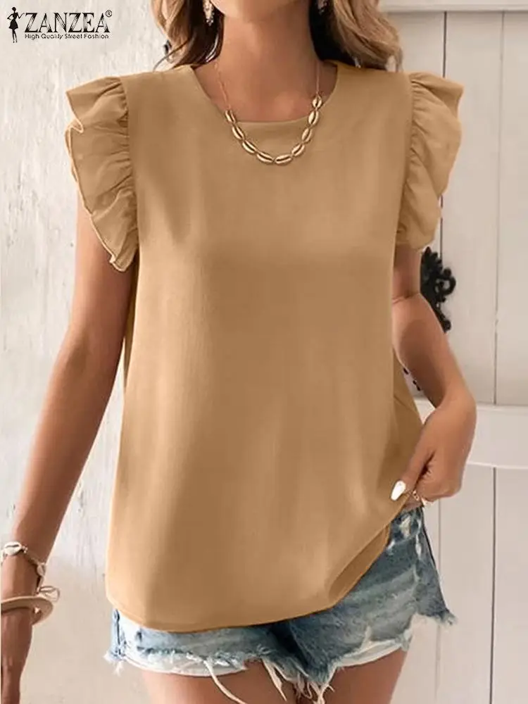 

ZANZEA Women Ruffles Sleeve Tops Streetwear Chic Shirts Casual Round Neck Blouses 2023 Summer Button Back Fashion White Blusas
