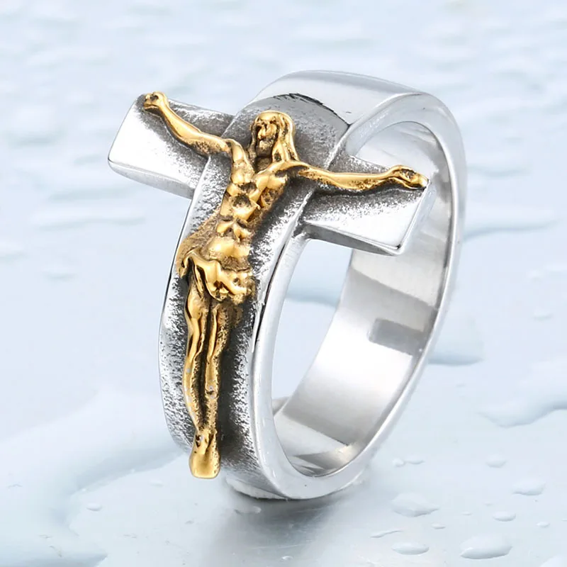 

Trendy God Jesus Cross Ring Jewelry Two-tone Design Vintage Religious Christianity Cross Ring for Men Size 7 8 9 10 11 12 13 14