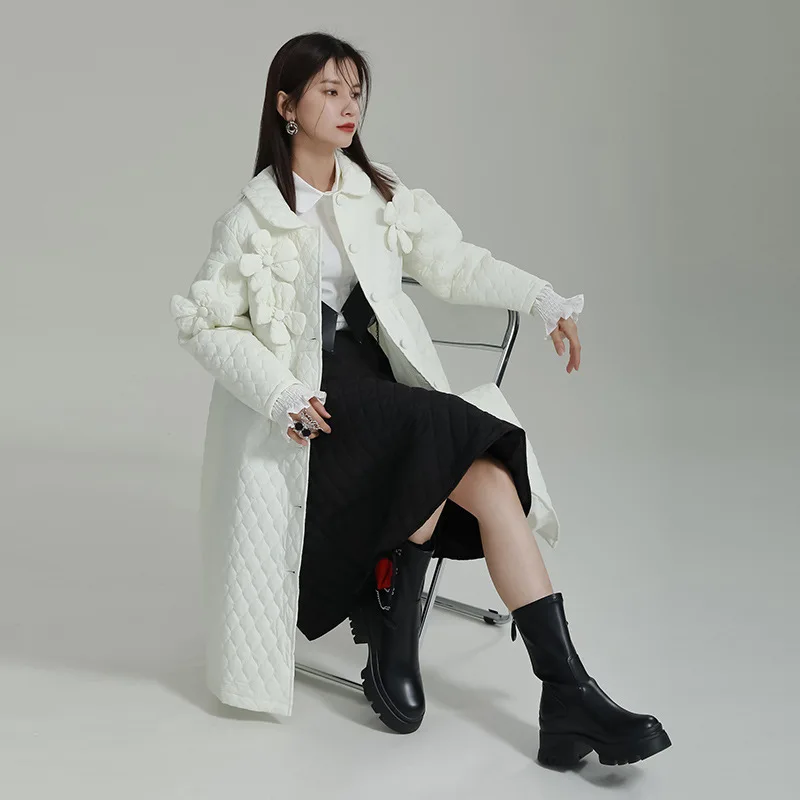 2022 niche design three-dimensional flowers doll collar cotton jacket loose A word diamond check pattern cotton jacket female