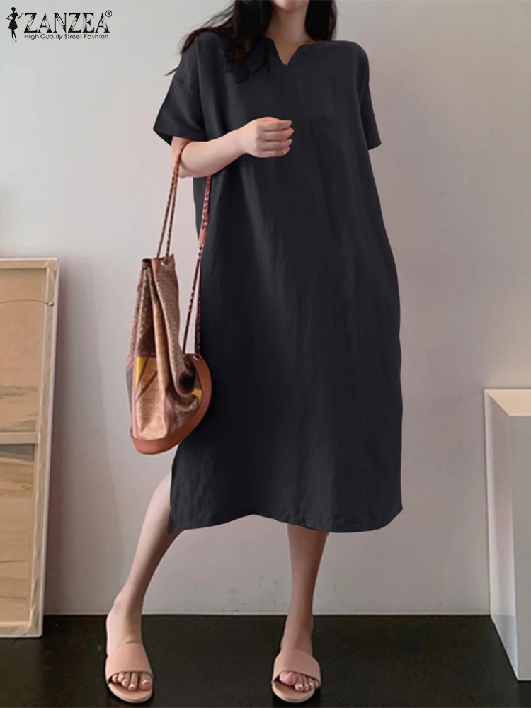 

2022 ZANZEA Kaftan Women Casual Sundress Solid Summer Midi Dress Short Sleeve Long Vestidos Female V Neck Robe Femme Oversized