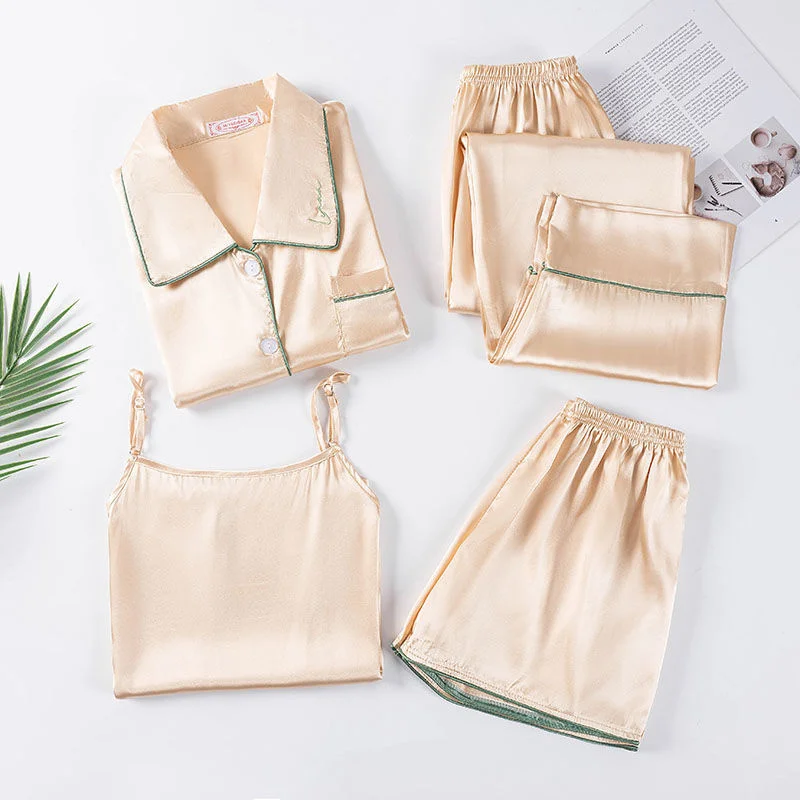 Women's Pajamas Set Full Sleeve T-shirt Long Pants 4Piece/Set Sexy Rayon Silk Pyjama Mom Homewear Cozy Plus Size Loose Sleepwear