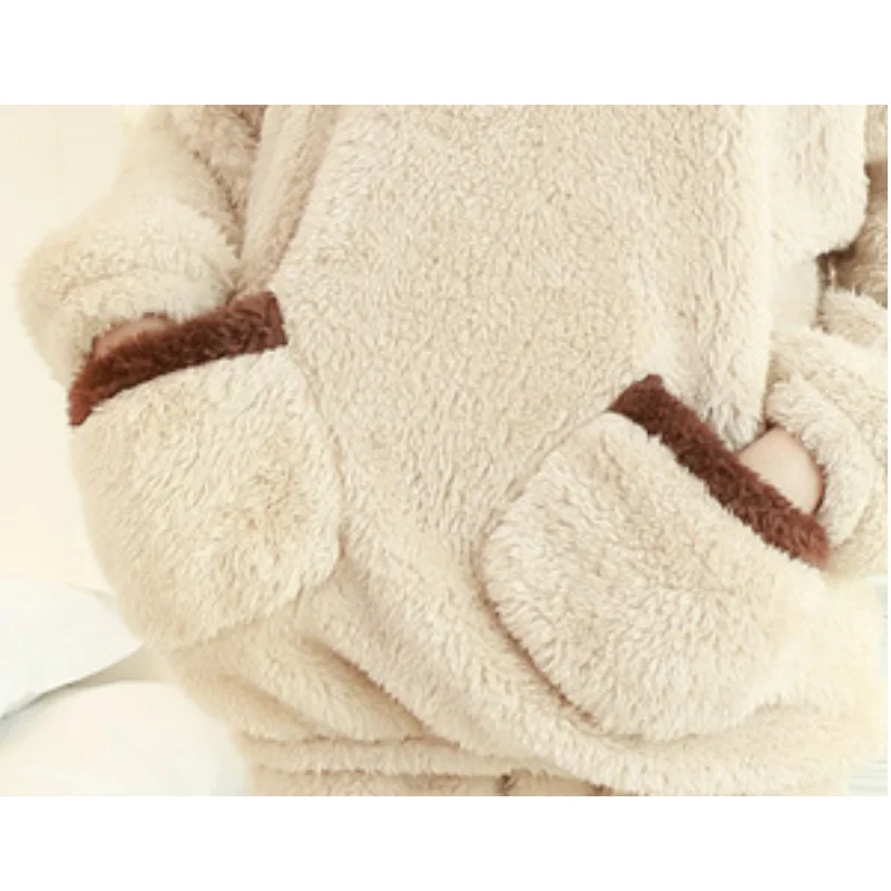 Ladies Pajama Sets Cute Style Nightgown Thicken Autumn And Winter Keep Warm Hoodie Pocket Hem Tightening Design