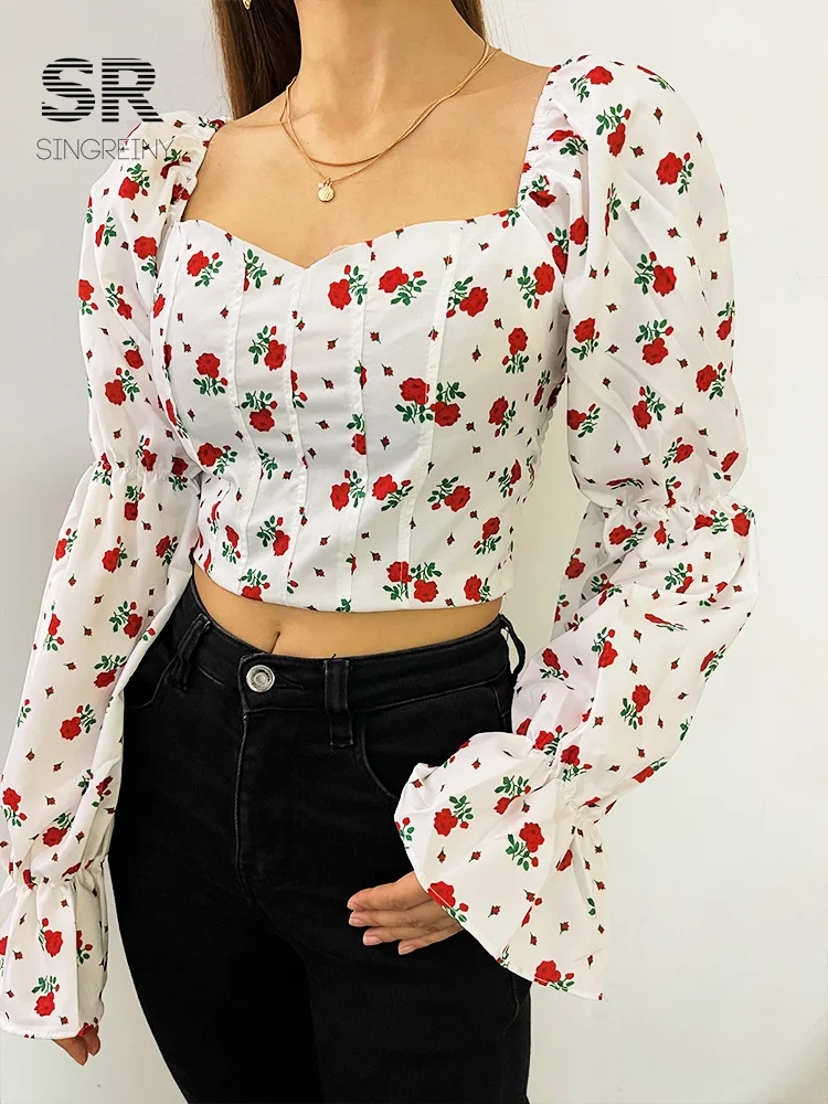 Женская блузка с открытыми плечами и цветочным принтом поясом на резинке