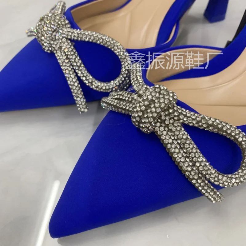 TSTCTB 2023 Woman Sparkly Bow Heels Fashion Bling Transparent Pointed Toes Sandals Elegant Slingback Crystal Female Party Pumps