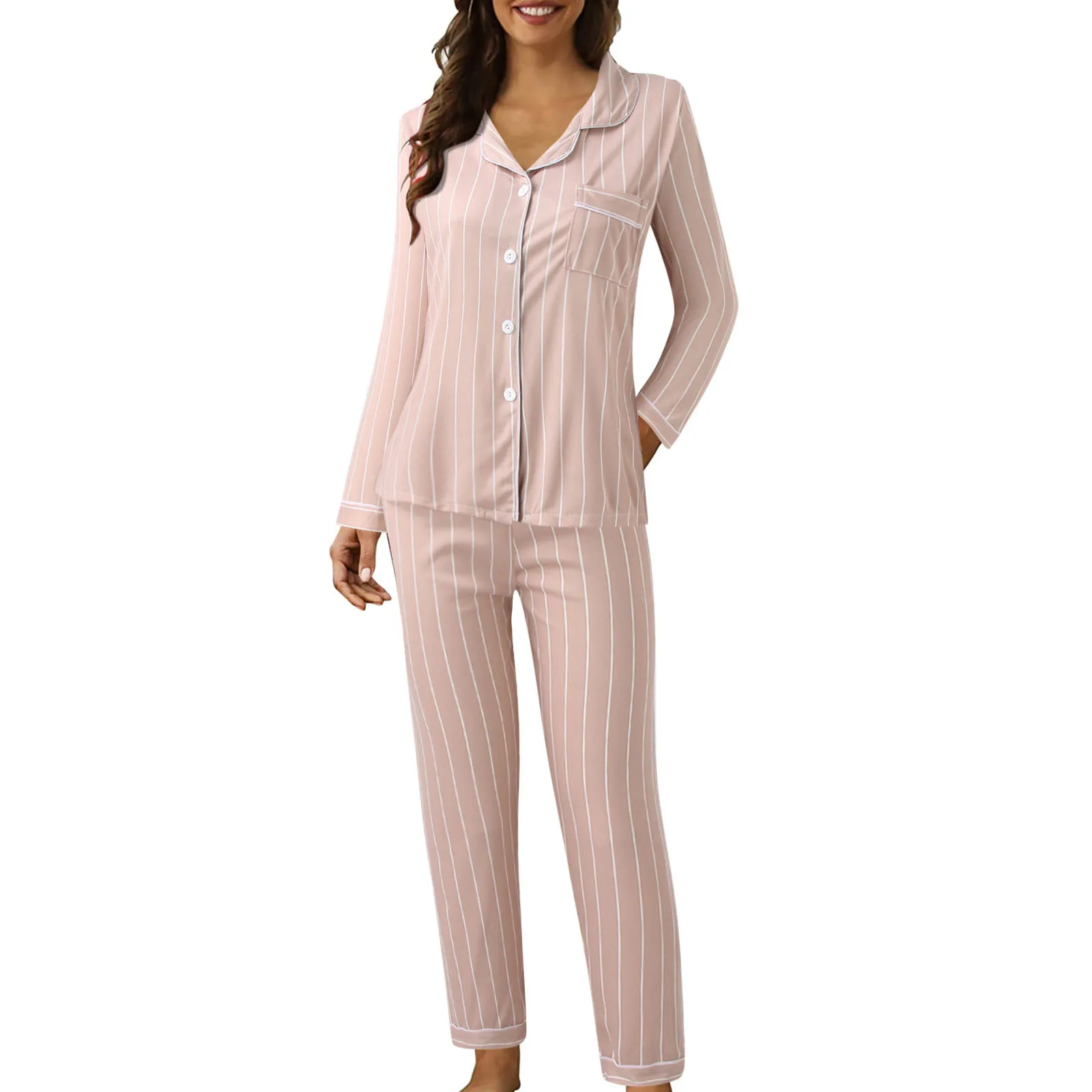 

Женские пуговицы для пижамы, клетчатые рубашки из двух предметов с длинным рукавом и ночные брюки, костюмы, пижамный комплект, пижама, домашняя одежда, пижамы