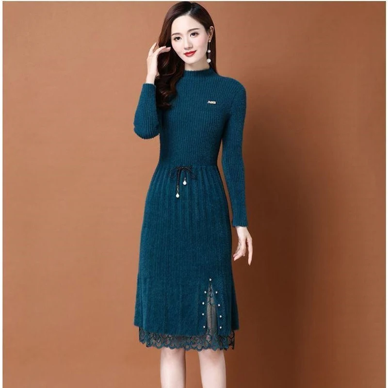

Осенне-зимние платья, женская одежда, новинка 2022, вязаное платье-свитер из искусственной норки с кружевом, женское офисное платье, платья