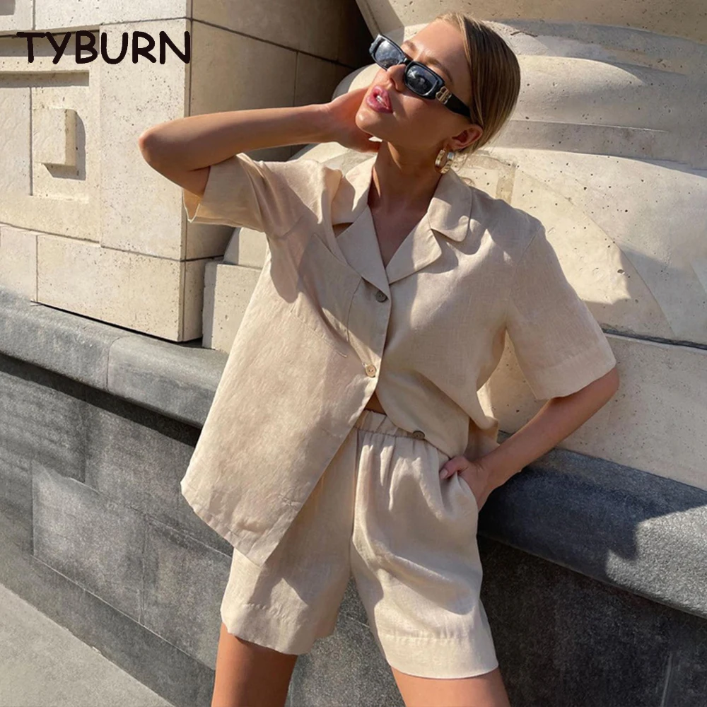 

TYBURN хаки хлопковый льняной костюм повседневные модные комплекты из 2 предметов Новинка рубашка с коротким рукавом шорты костюм из двух пред...