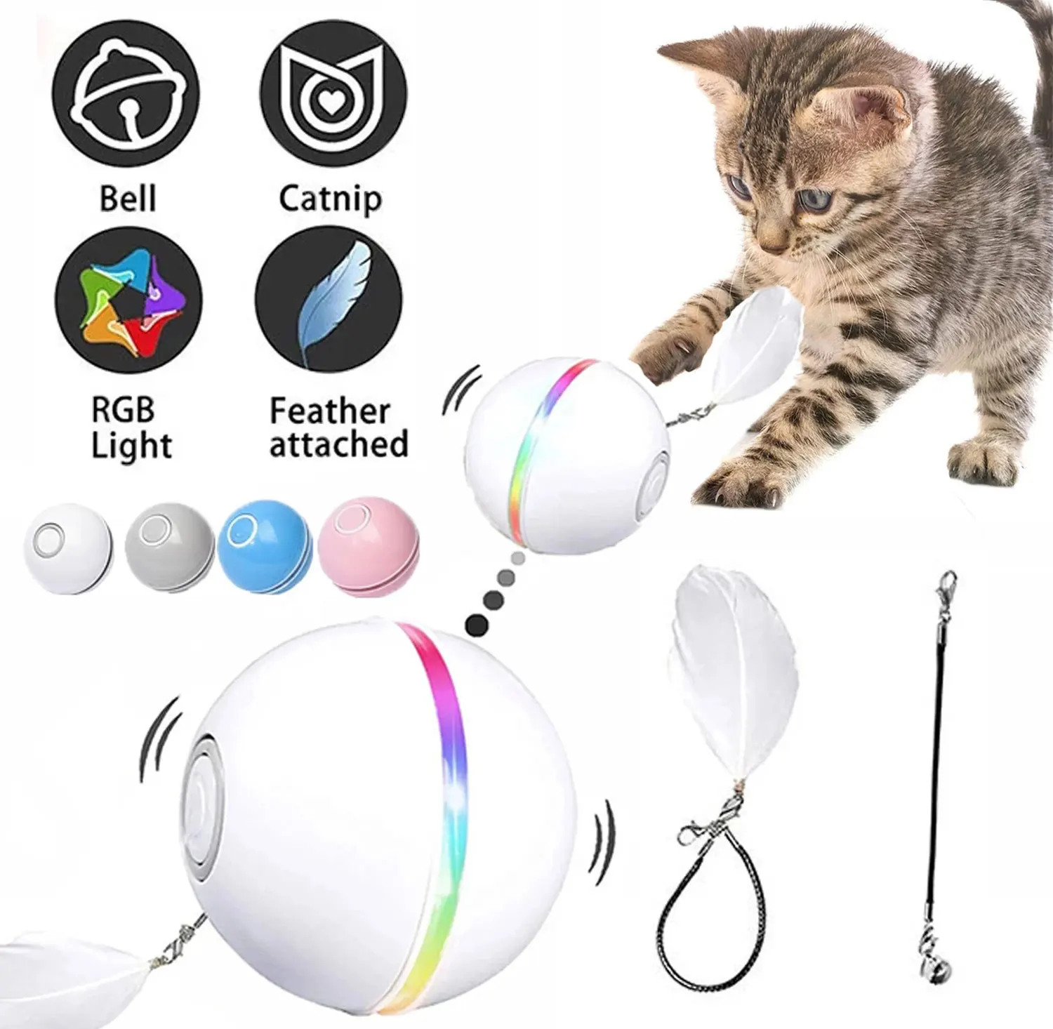 

Automatic Smart Cat Toys Ball Interactive Catnip USB Rechargeable Self Rotating Colorful Led Feather Bells Toys for Cats Kitten