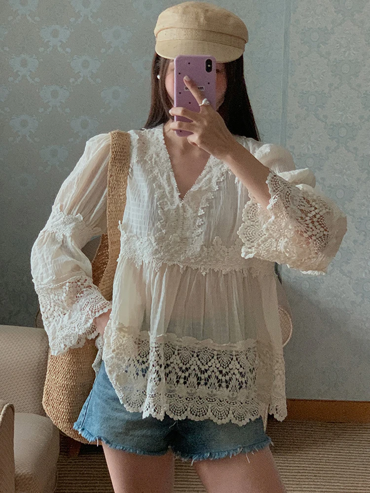 

GypsyLady French Lace Chic Blouse Shirt Beige Summer Hollow Out Long Sleeve Women Blouse Sheer Sexy Ladies Casual Top Shirt New