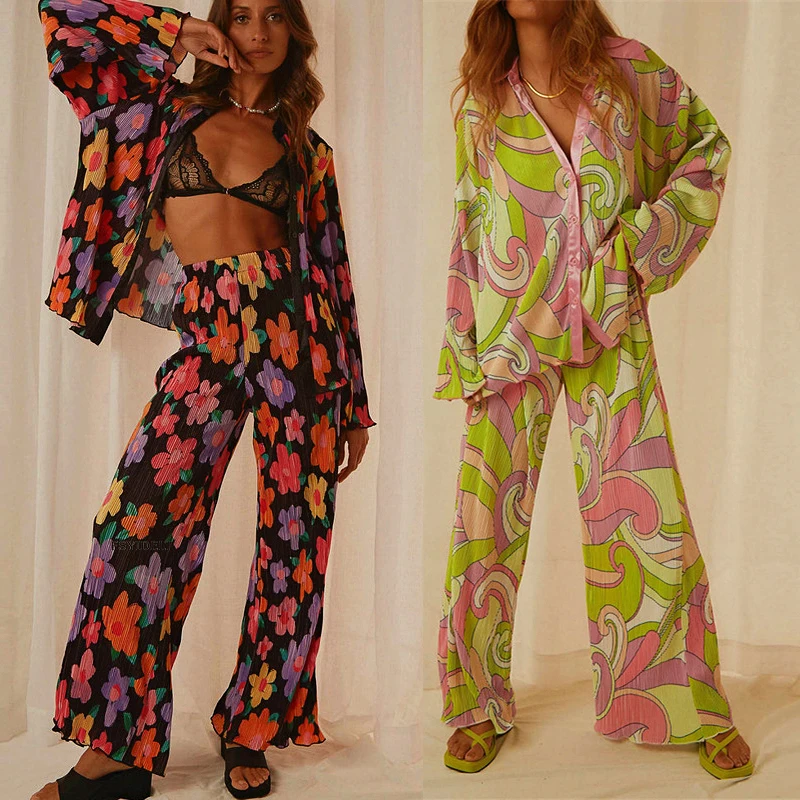 

High Quality Boho Floral Button Up Shirt Cardigan Two Piece Set Loose Long Sleeve Blouses Full Length Wide Leg Pants Lady Suits