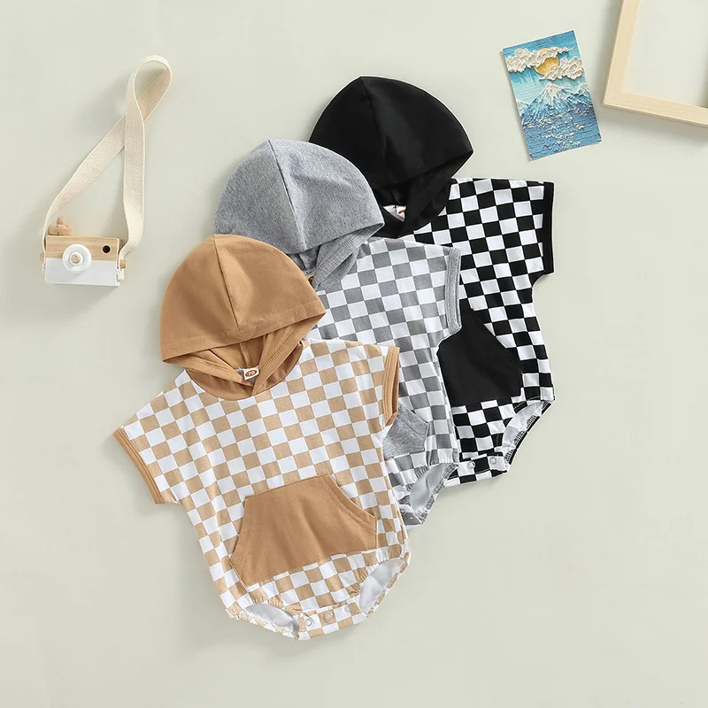

Baby Boys Summer Clothing 3 Colors Newborn Boys Checkerboard Print Short Sleeve Pocket Hooded Bodysuits Jumpsuits Casual Clothes