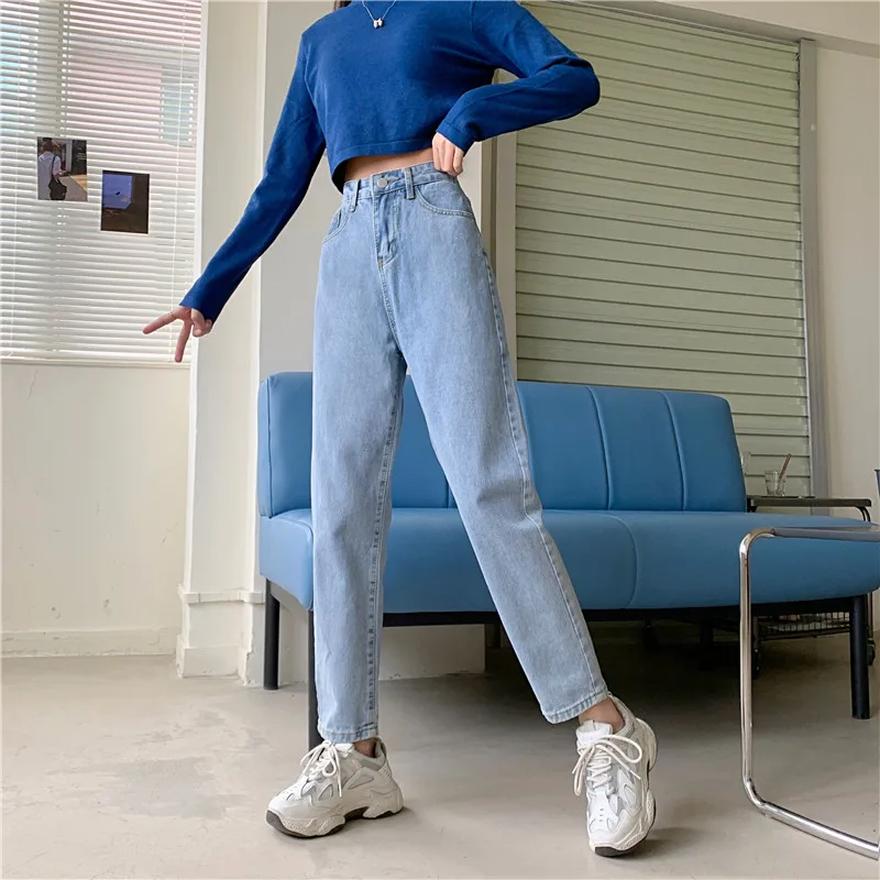 Women Straight Leg Denim Pants 2021 High Waisted Jeans for Female Bottom Vintage Streetwear Fashion Clothes Blue Black Classic