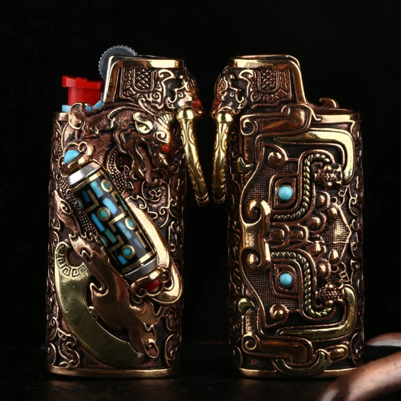 Vintage Handmade Pure Copper Armor J5 Lighter Cas DIY Welding 3D Relief Brave Troops Lighter Case For BIC J5 Lighter Cover