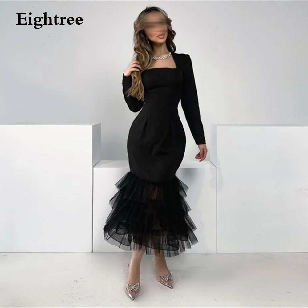 

Eightree Black Elegant Evening Dresses Dubai Arabic Mermaid Stain Long Sleeves Tiered Women Prom Gowns Robes De Soirée 2022
