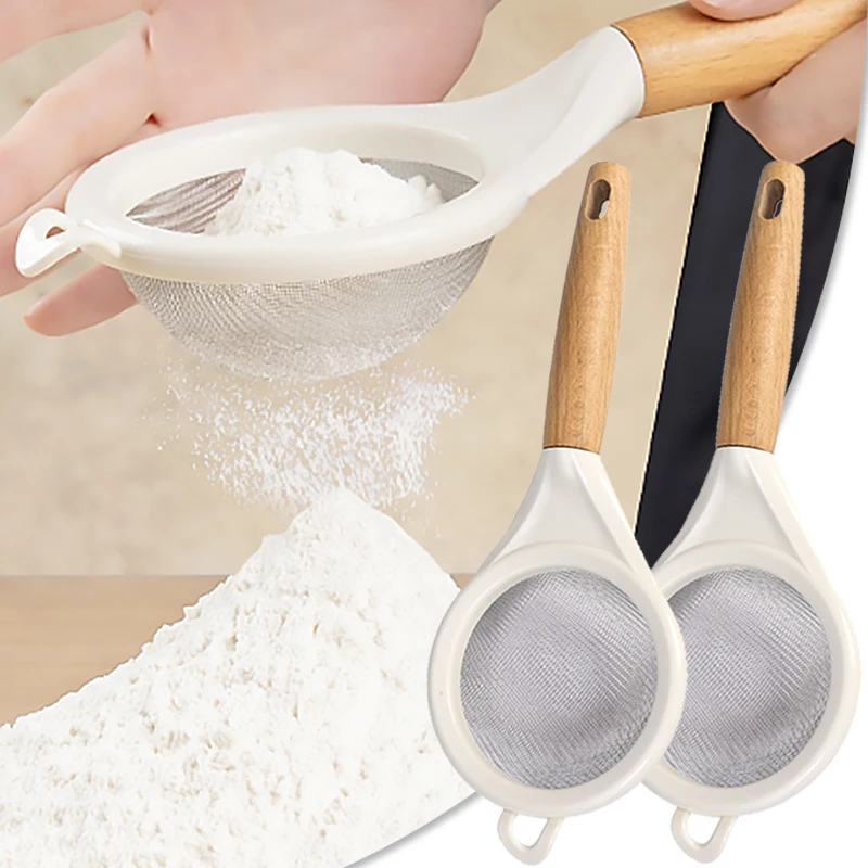 

Wooden Handle Fine Mesh Flour Sieve Stainless Steel Powdered Sugar Fruit Juice Soy Milk Filter Net Spoon Kitchen Baking Tools