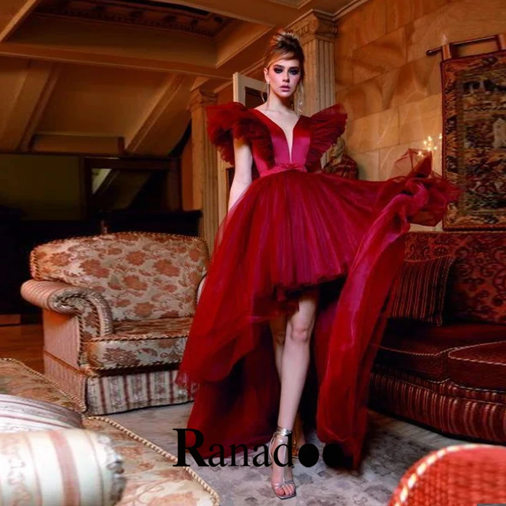 

V Neck Prom Evening Dresses High Low Tulle High Slit Court Train Lace Up Off The Shoulder Celebrity Party Valentine's Day