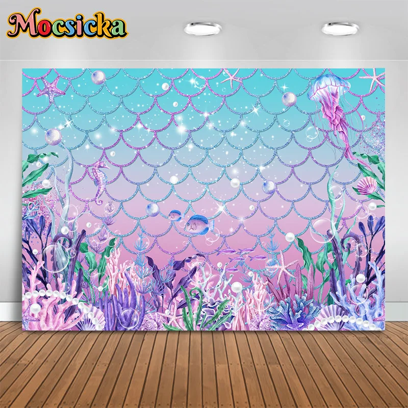 

Mocsicka Photography Backgrounds Birthday Party Backdrops Girl Princess Artistic Photo Underwater World Coral Cake Smash Studio