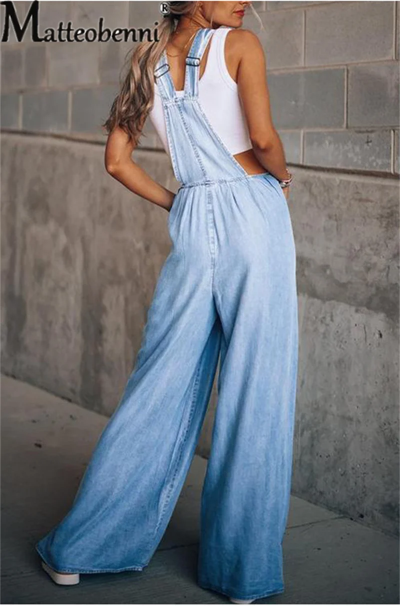 Summer New Splicing Pocket Button Backstrap Pants Women's Loose Flared Trousers Jumpsuit Female Street Commuter Wide Leg Rompers
