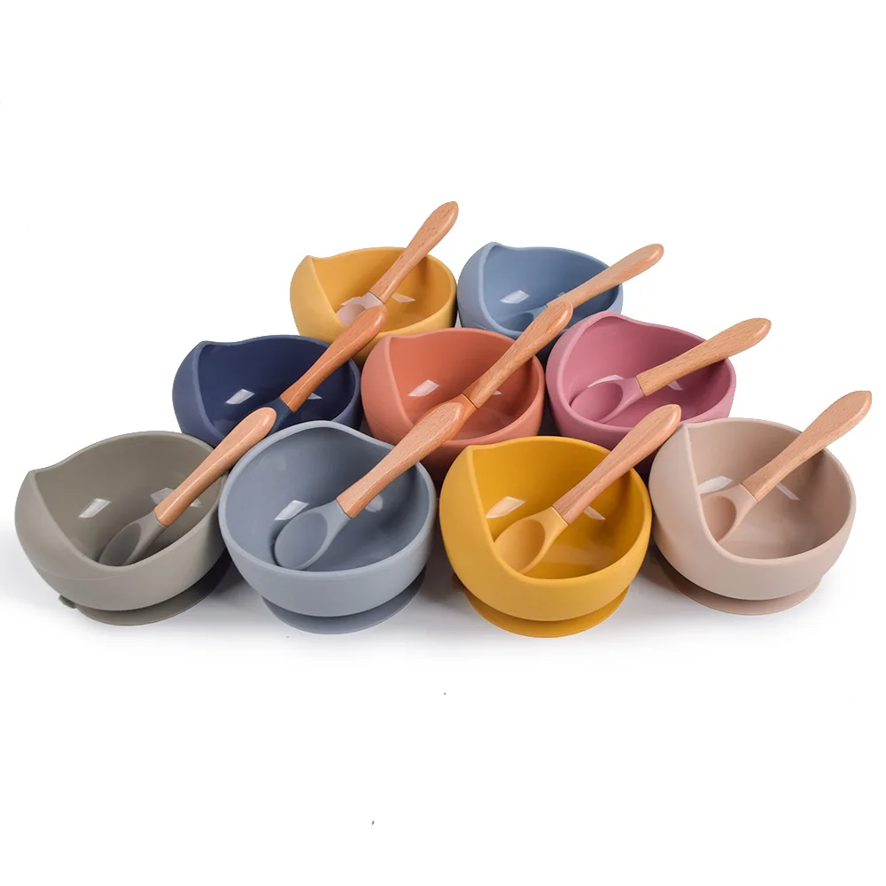 

2Pcs Baby Silicone Bowl Set BPA Free Non-slip Training Suction Baby Bowl Wooden Silicone Spoon Set Infant Feeding Bowls Set