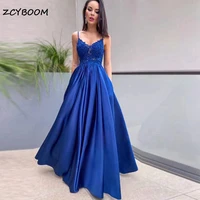 elegant a line blue formal evening party dresses 2022 women spaghetti straps prom gowns with pockets ruched satin robe de soiree