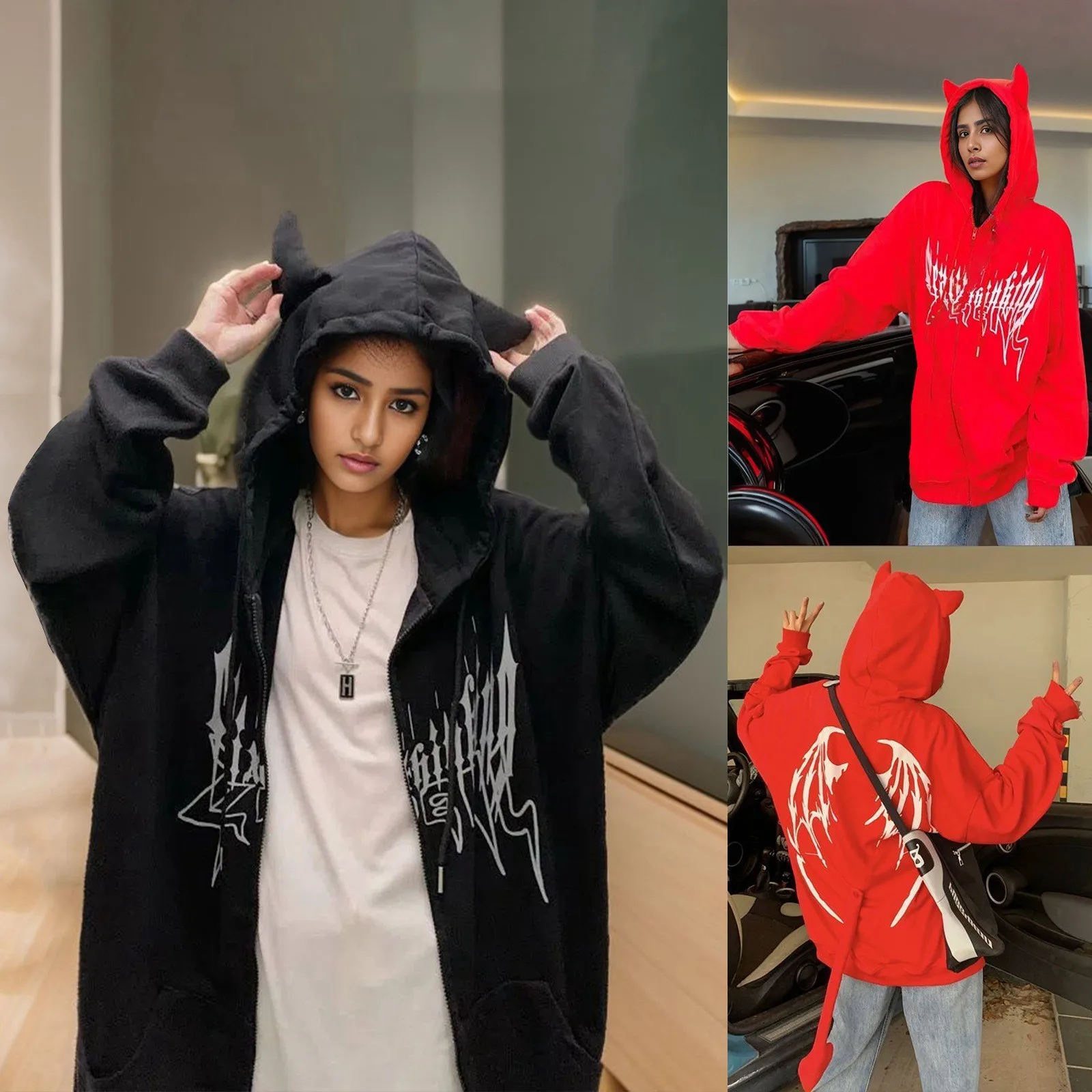 

Свитшот в стиле Харадзюку с графическим черепом, свитшоты с надписью в виде демонического рога, флисовые толстовки, осенняя одежда, куртки на молнии Y2K, пальто