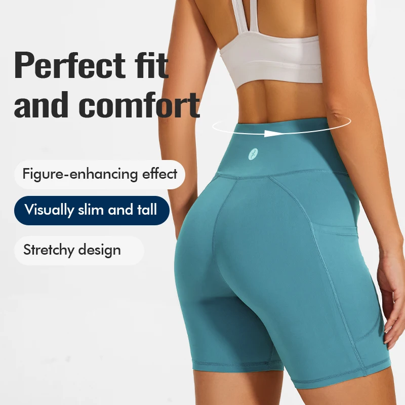 SEVENPALMS Spandex Solid Seamless Shorts with Pocket Women Soft Workout Tights Fitness Outfits Yoga Pants Gym Wear