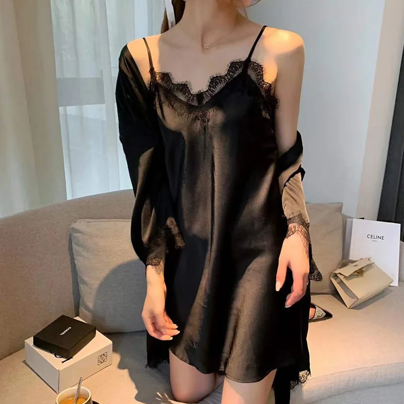 

2PCS Kimono Robe Set Lace SATIN Patchwork Nightwear Sexy Short Loungewear Women Nightgown Home Dressing Gown Satin BATHROBE