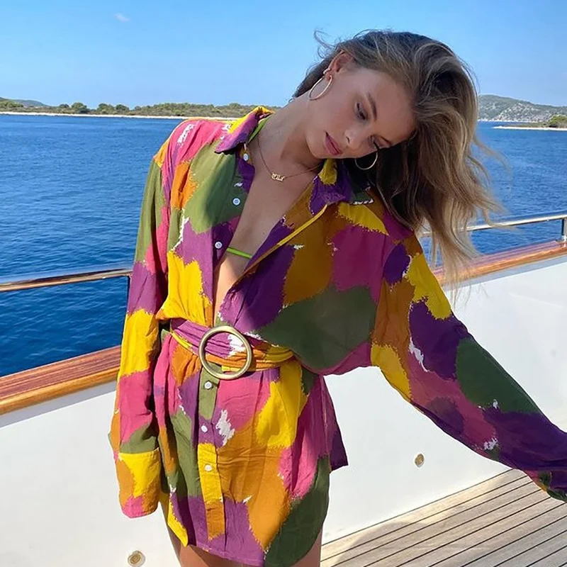 

Женское мини-платье с цветочным принтом, кружевная рубашка с длинным рукавом и поясом, Пляжное пикантное Повседневное платье с V-образным вы...