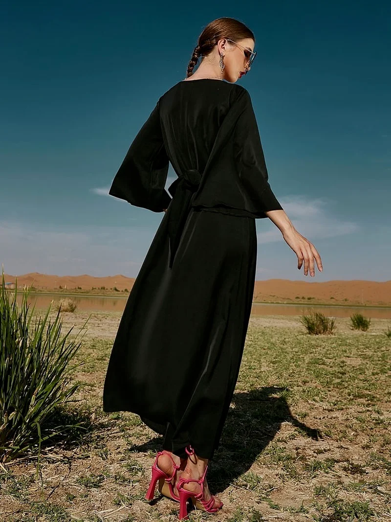 Black Morocco Kaftan Women Muslim Dress with Belt Saudi Arabia Jalabiya Handcraft Diamond Dubai Abaya Party Islam Modest Clothes