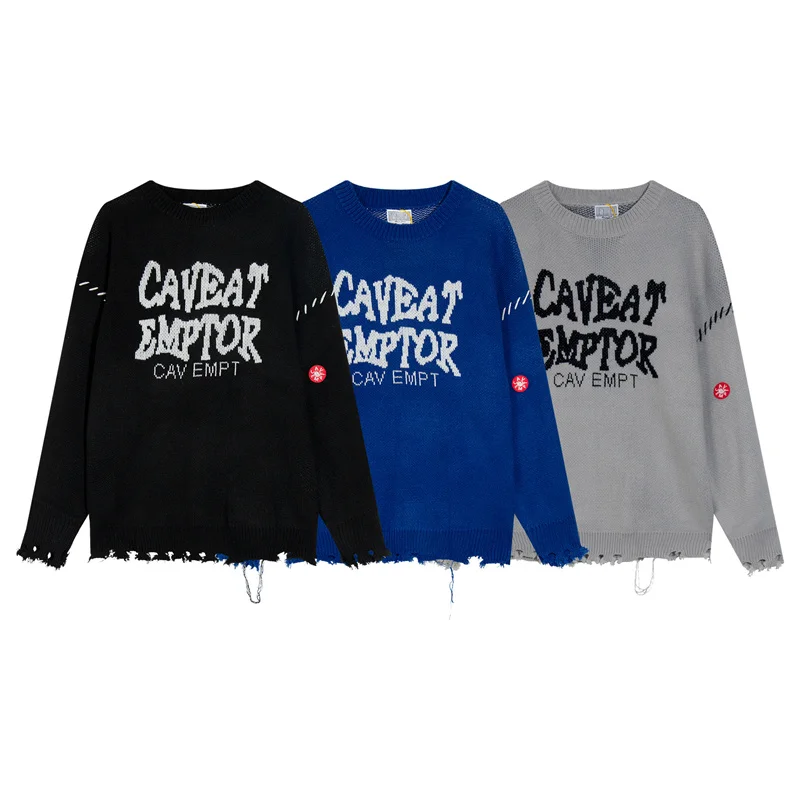 

New CAVEMPT CE 23AW Models Alphabetic Slogan Printing Destroy Hole Knitted Sweater