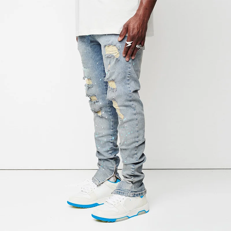 New Men's Jeans Slim Cut Hole Leggings Pencil Pants New Men's Painted Jeans Full Length Denim Pants Streetwear Men Trousers