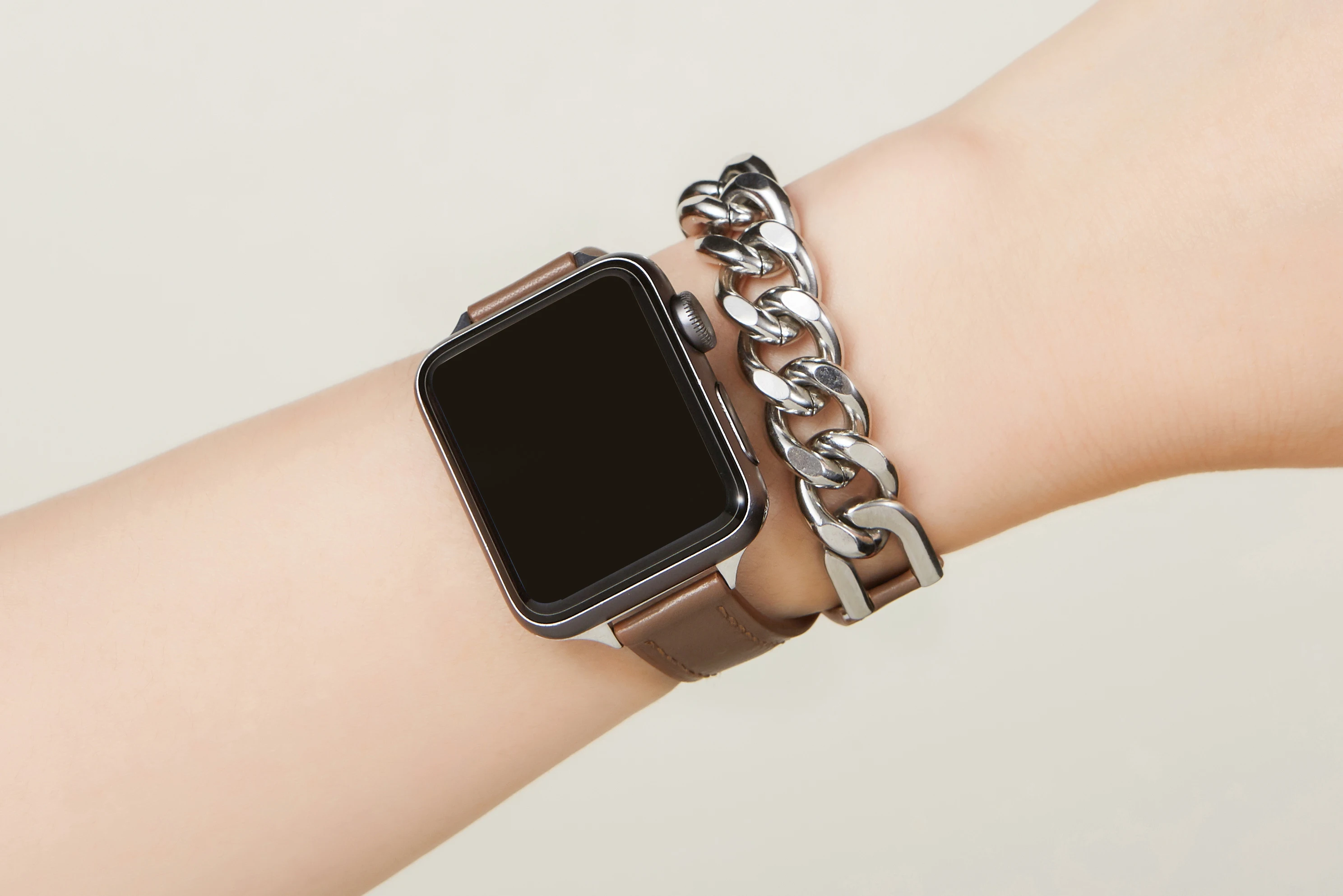 Genuine Leather Strap for Apple Watch Band Series 8 Stainless steel leather bracelet Leather Gourmette Metal Double Tour Strap