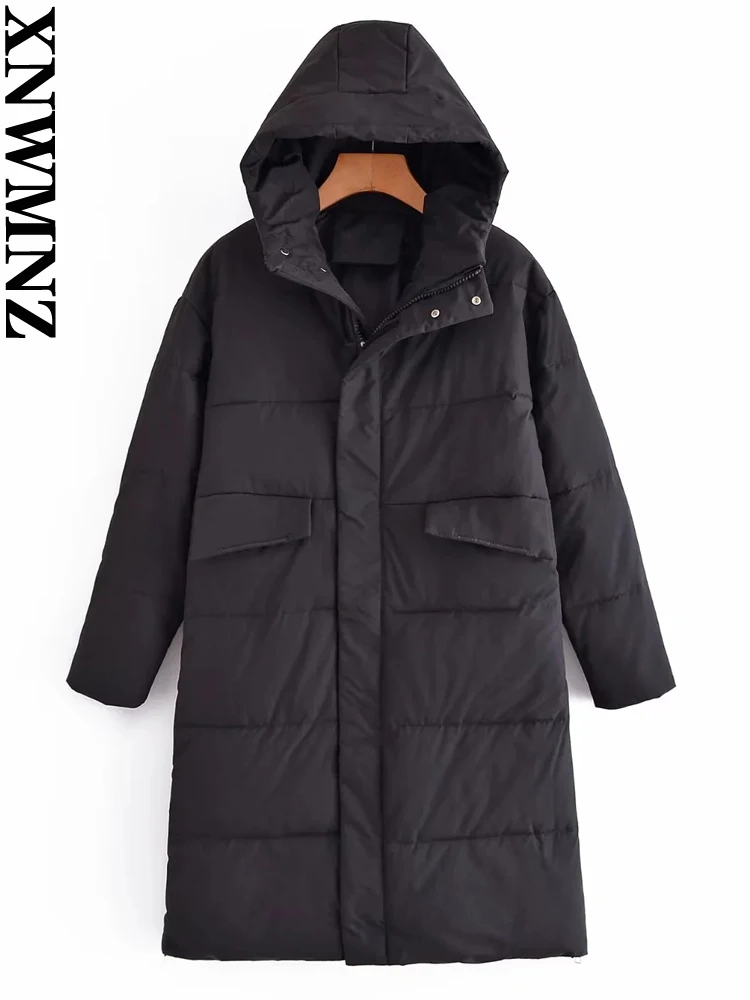 XNWMNZ 2022 women fashion mid-length hooded cotton-padded clothes female loose zipper pocket winter coat chic cotton clothes