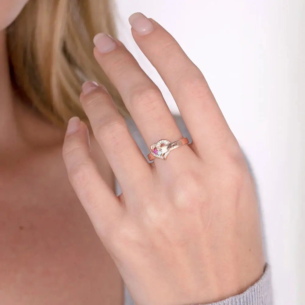 Personalized Heart Engraved Name With Birthstone Rings 925 Sterling Silver Fashion Jewelry Birthday Gifts for Women Girl Family