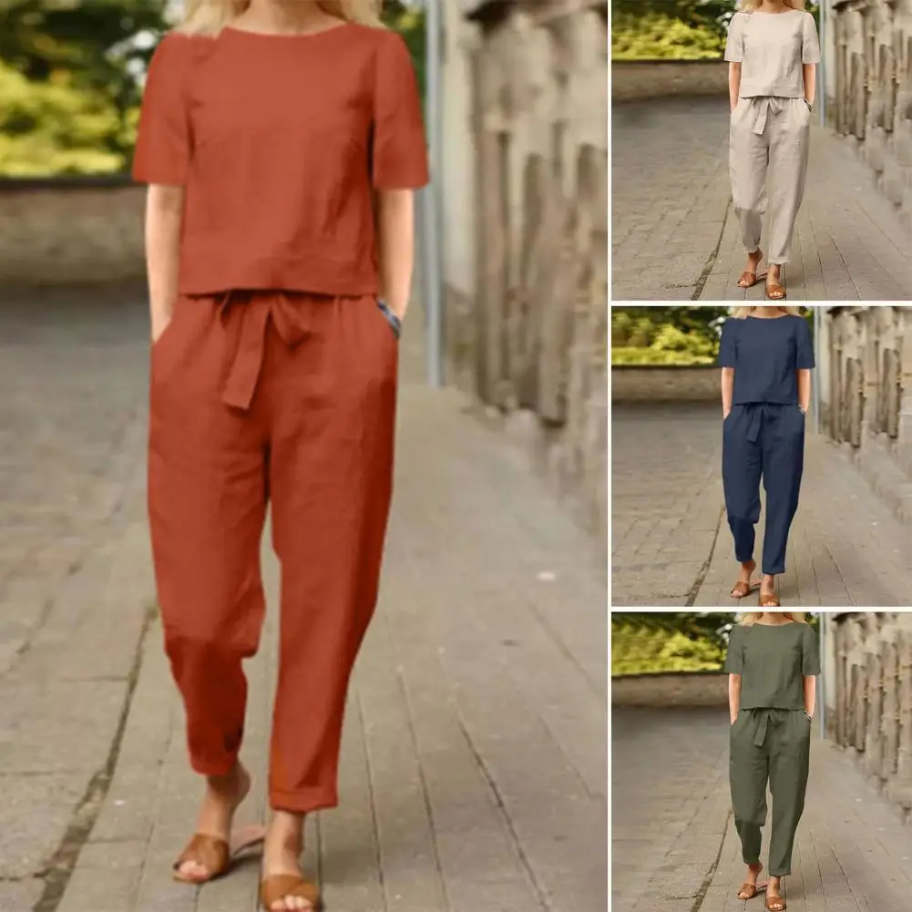 

Thin 1 Set Casual Vintage Relaxed Fit Blouse Trousers Female T-shirt Pants Set Elastic Waist for Vacation