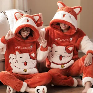 Imported Winter Thicken Couples Pajamas Sets Sleepwear Aldult Cartoon Cat Kawaii Women Men Anime Pyjamas Kore