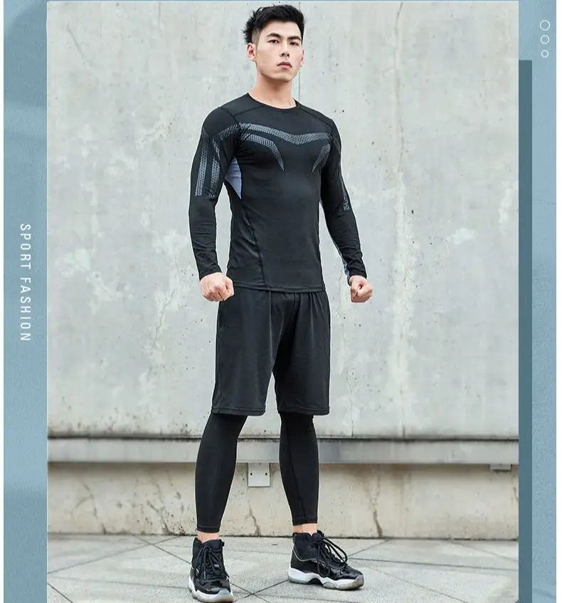 

5 Pcs Quick Dry Sports Set Fitness Wear Short or Long Sleeves T Shirt and Shorts Running Suits Man Gym Wears S22110
