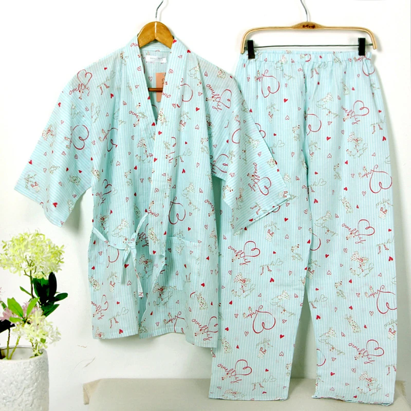 Japanese Kimono Women Traditional Japanese Yukata Robe and Pants Double Layered Cotton Gauze Pajamas Set