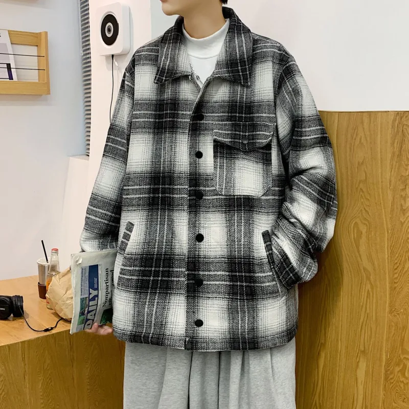 Winter Cotton Thick Jacket Men Warm Fashion Retro Plaid Jacket Men Japanese Streetwear Loose Short Coat Men Clothes M-2XL