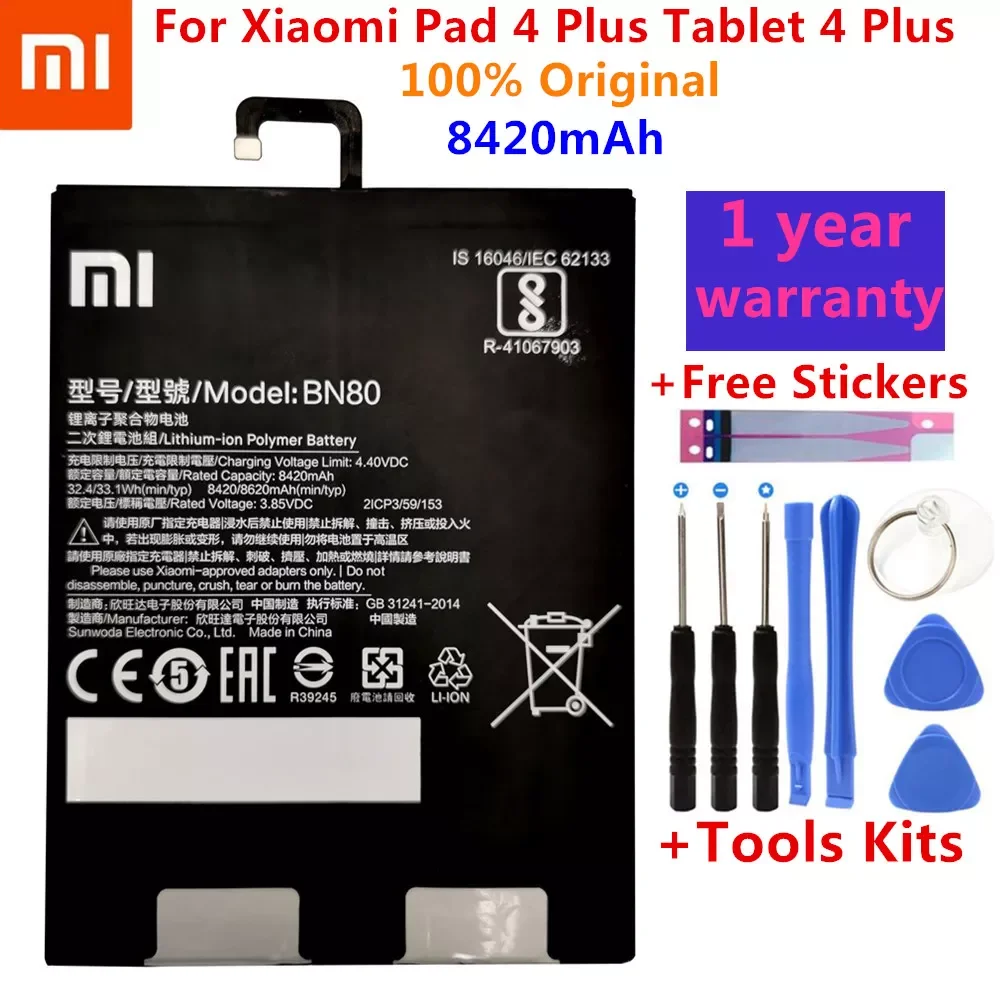 

2023New Original Xiao Mi Tablet Replacement Battery BN80 For Xiaomi Pad 4 Plus Tablet 4 Plus High Capacity 8420mAh Batteries +To