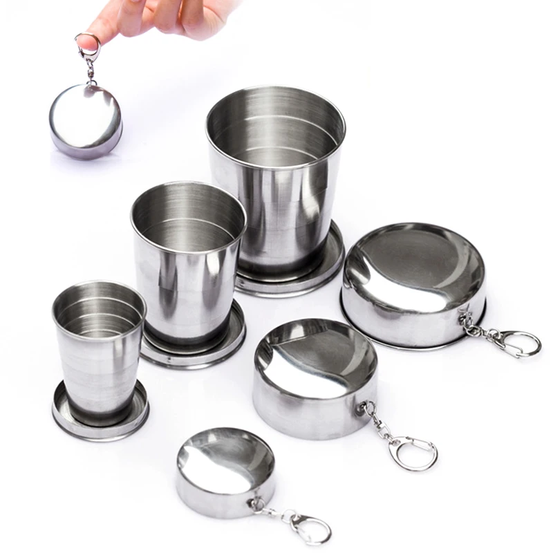 

60/150/250ML Outdoor Water Drinking Cup With Keychain Stainless Steel Folding Cup Portable Telescopic Collapsible Cups Camp Tool