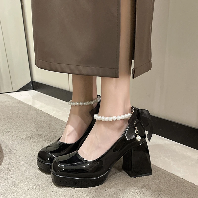 Women's Casual High Heels Sandals 2023 Summer New Fashion Square Toe String Bead Office Career Mary Jane Shoes Zapatos De Mujer