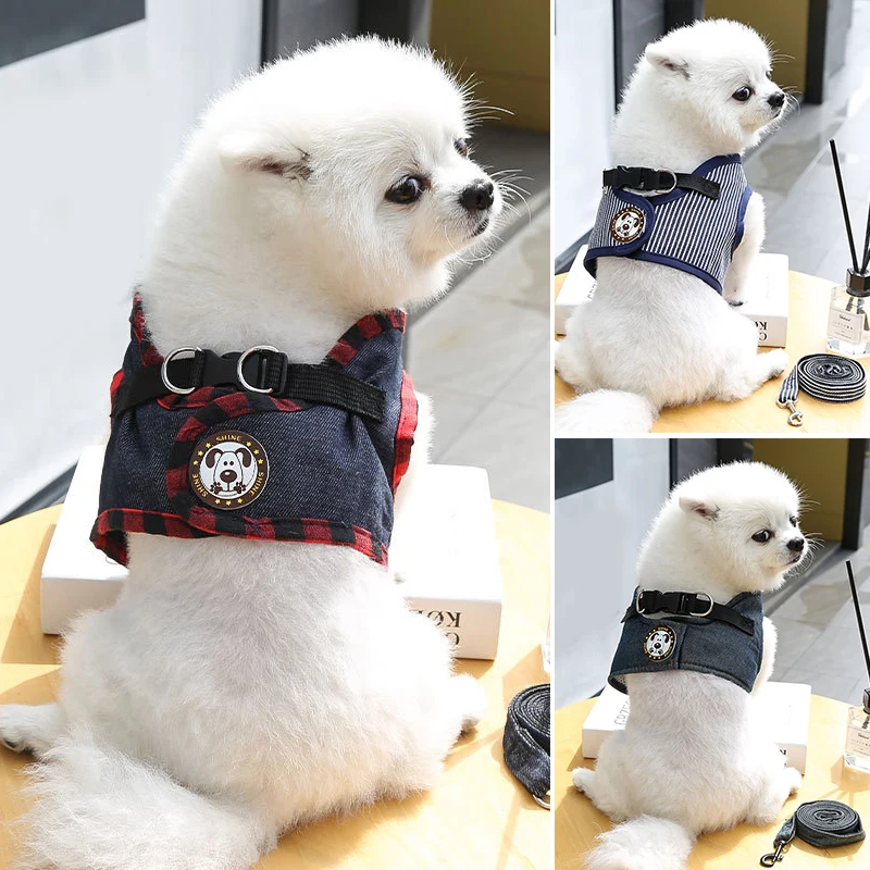 

Cats Dogs Harness Denim Strong Lead Leash Durable Two-Piece Suit Pet Chest Strap Summer Puppy Training Leashes Traction Rope